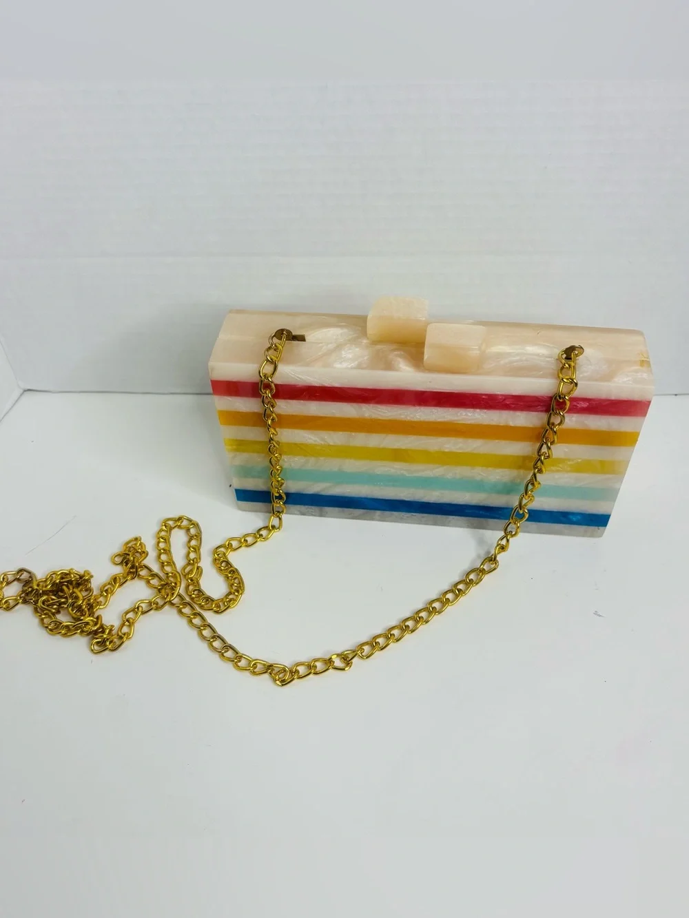 Striped Resin Box Clutch with Gold Chain - Multicolor